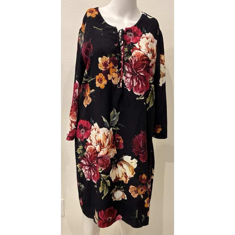 Karen Kane Shift Dress M Black Floral Tunic 3/4 Sleeve Lace Up Career Wedding